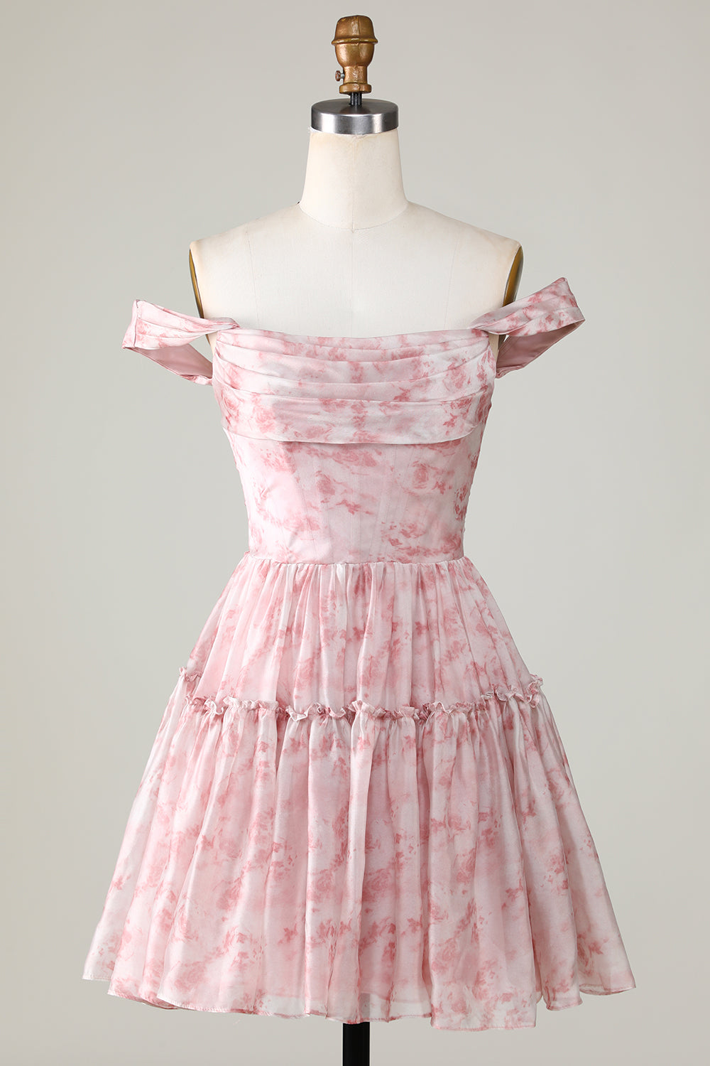 Robe courte de bal de fin d'année évasée à volants, imprimée blush