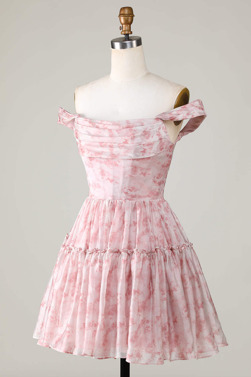 Robe courte de bal de fin d'année évasée à volants, imprimée blush