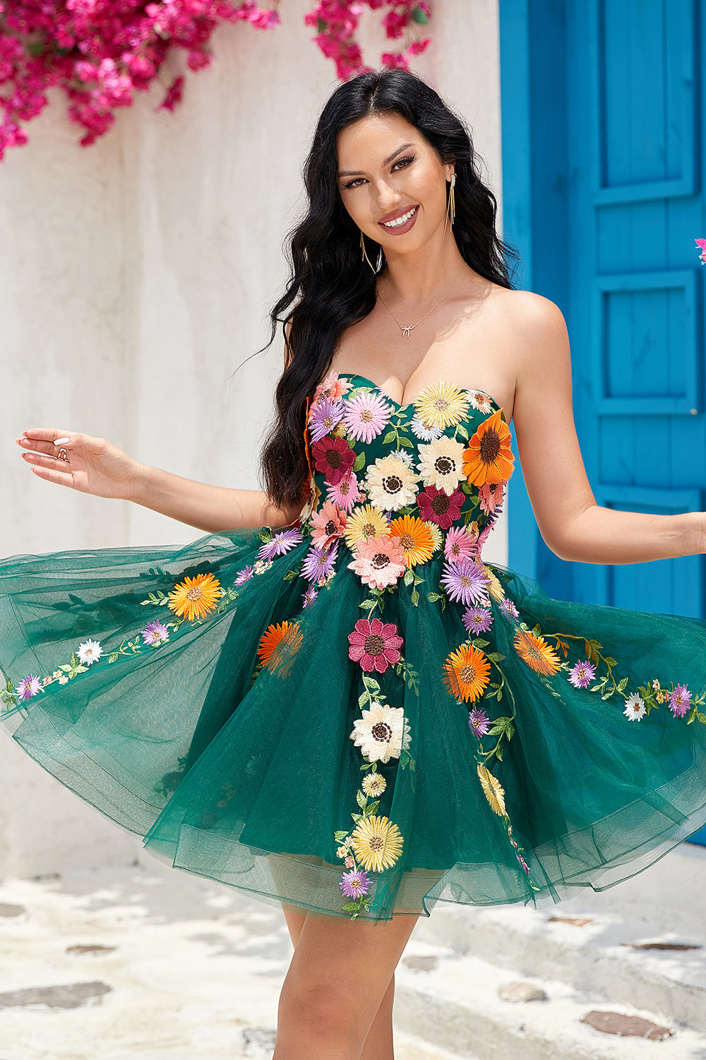 Robe de remise de diplôme bustier champagne avec fleurs en 3D