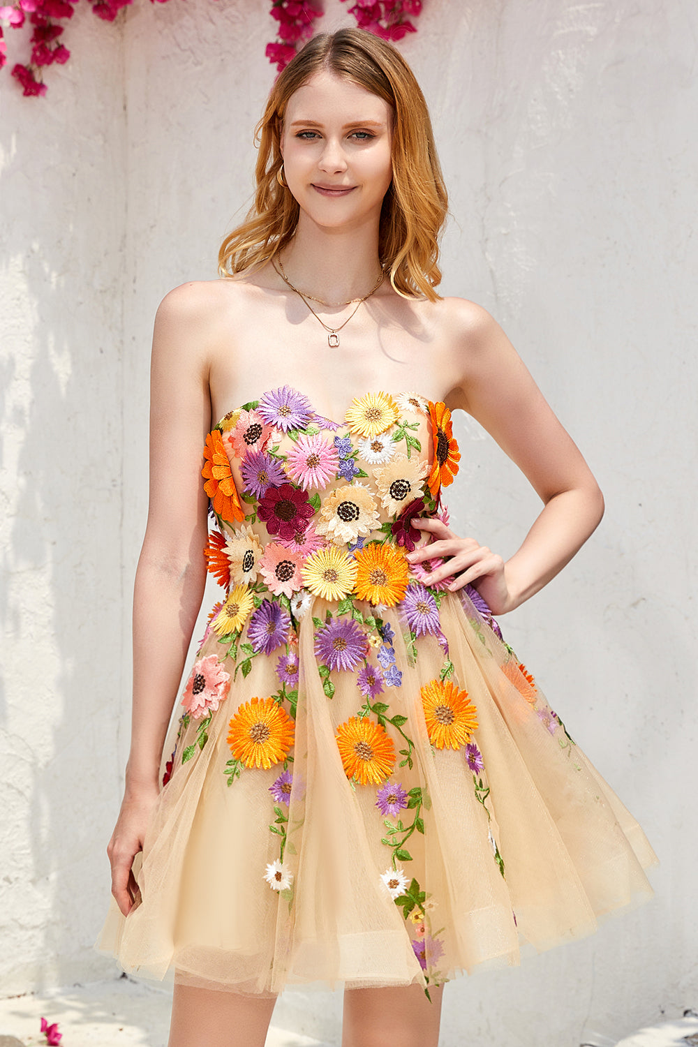 Robe de remise de diplôme bustier champagne avec fleurs en 3D