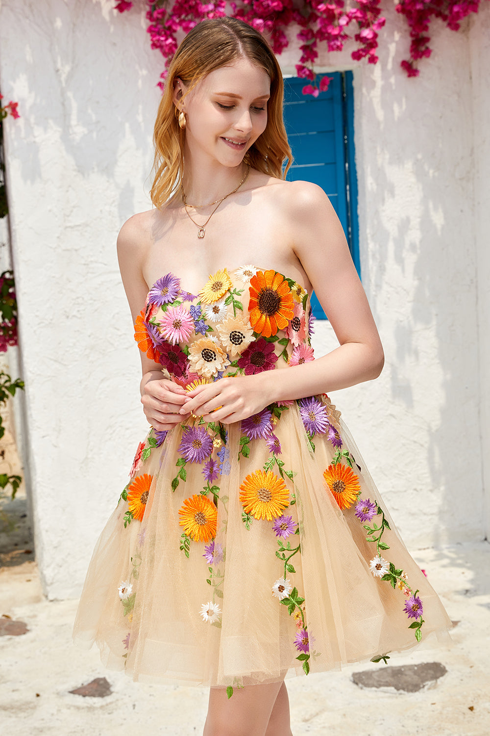 Robe de remise de diplôme bustier champagne avec fleurs en 3D