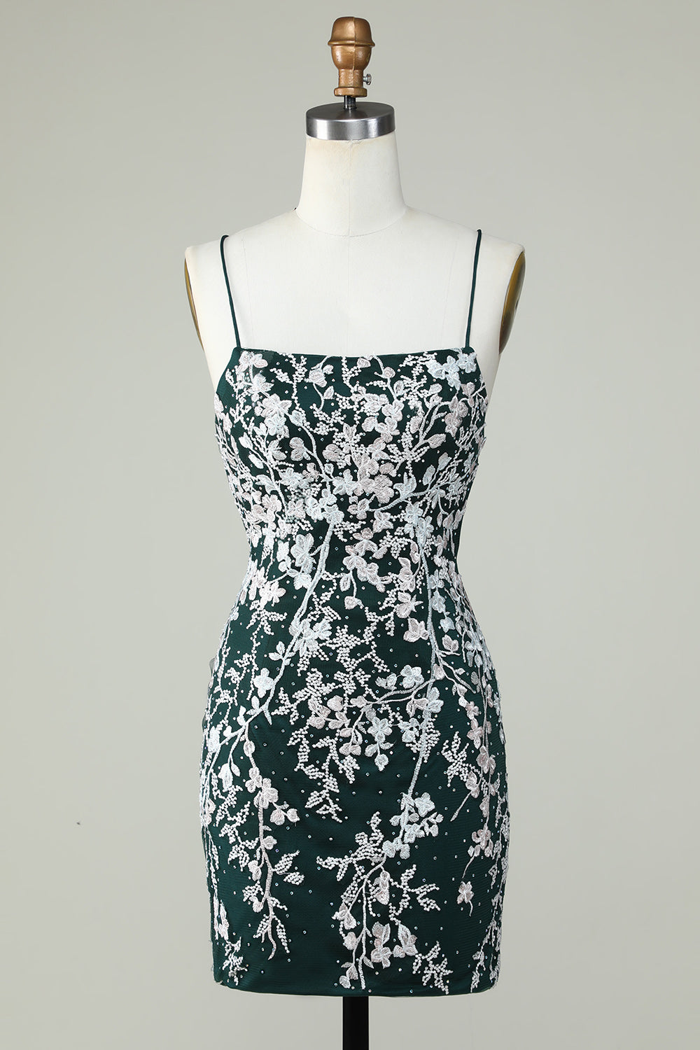 Robe de bal moulante vert foncé à fines bretelles avec appliques