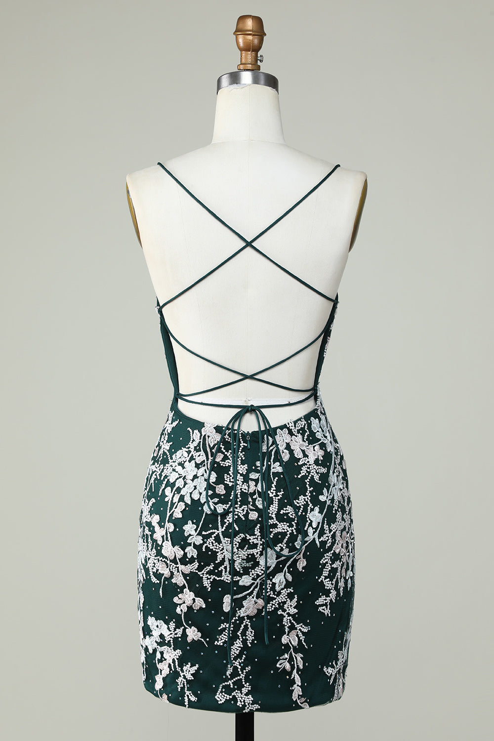 Robe de bal moulante vert foncé à fines bretelles avec appliques