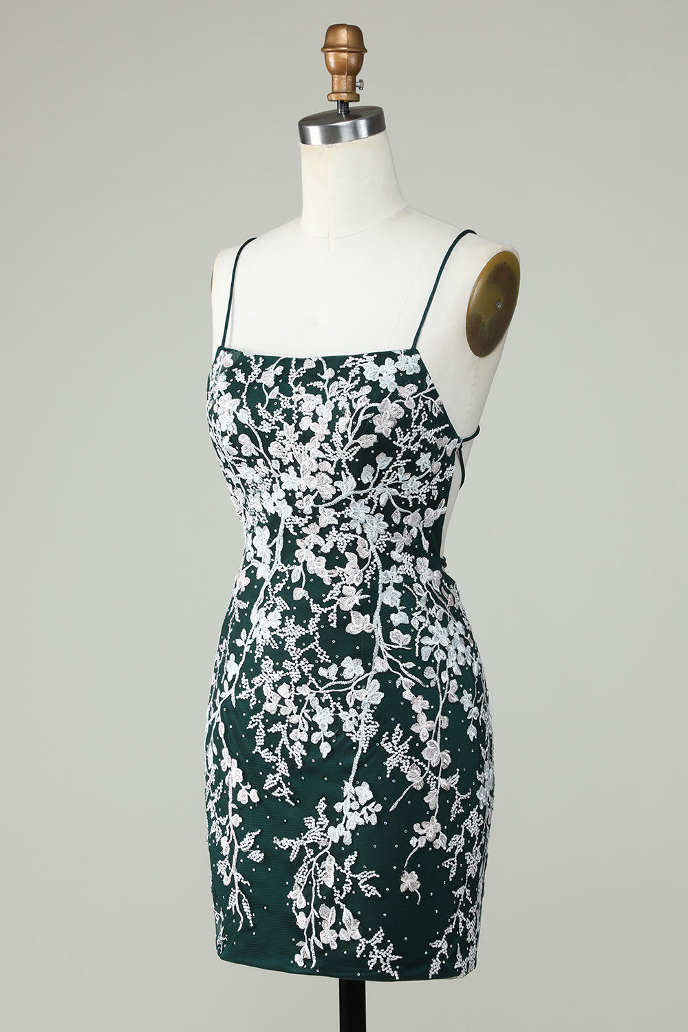 Robe de bal moulante vert foncé à fines bretelles avec appliques