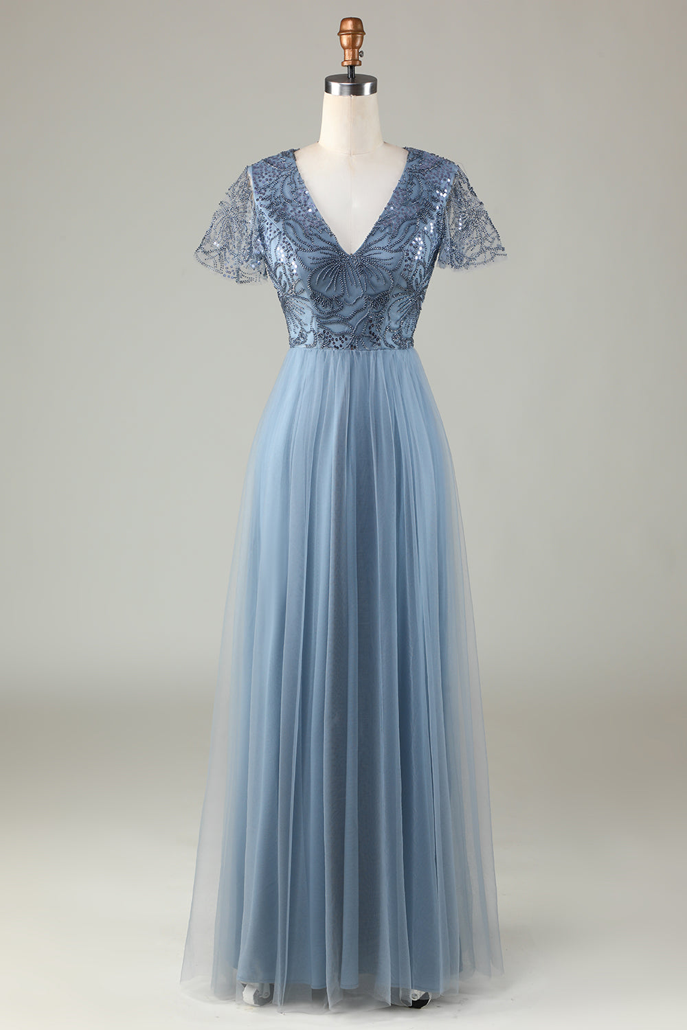 Robe de demoiselle d'honneur trapèze bleu poudré avec perles
