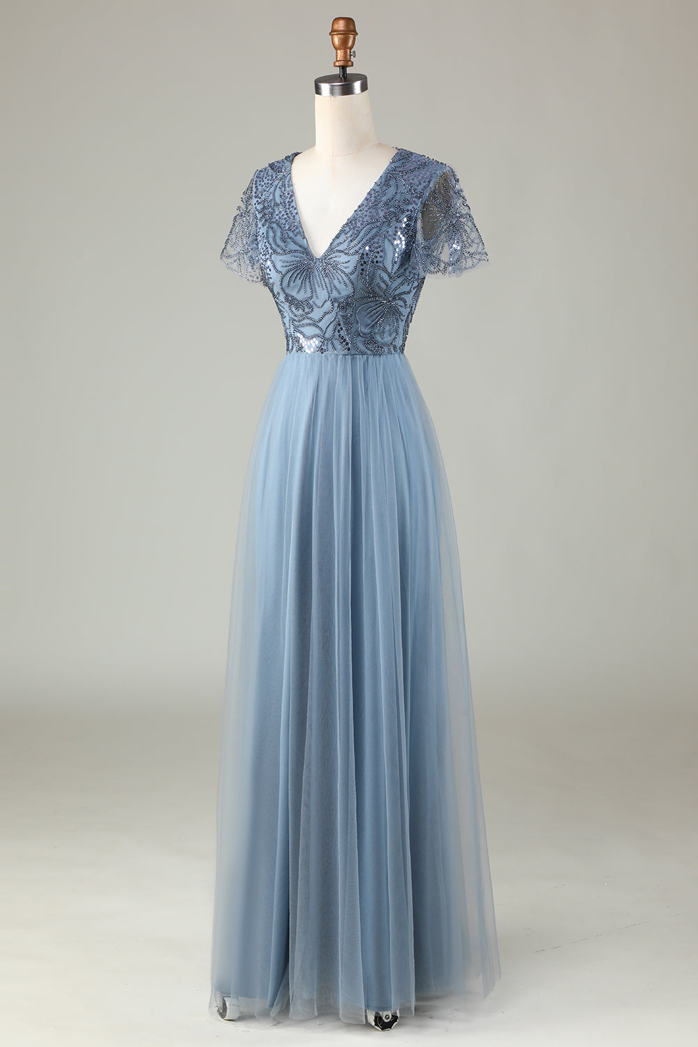 Robe de demoiselle d'honneur trapèze bleu poudré avec perles