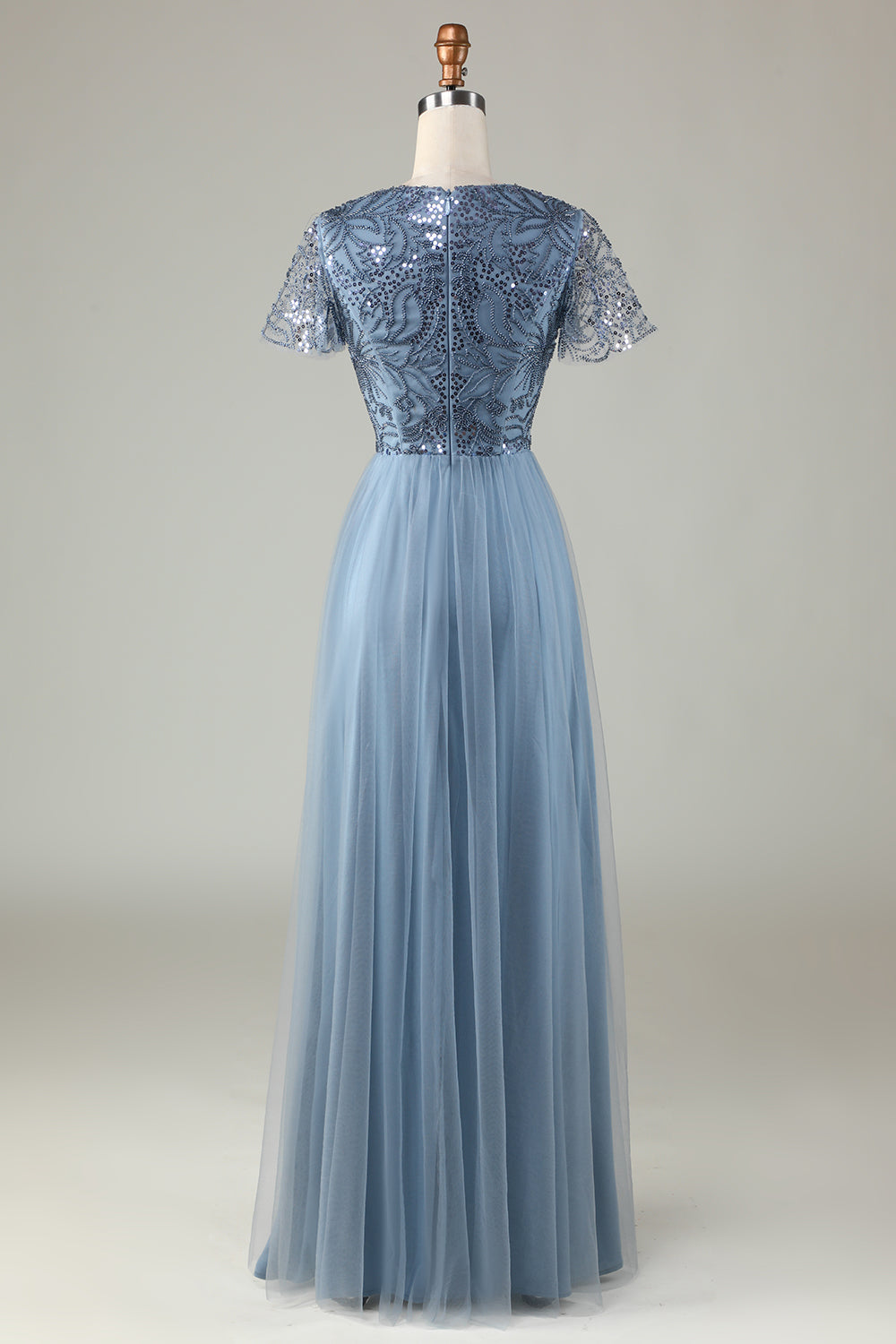 Robe de demoiselle d'honneur trapèze bleu poudré avec perles