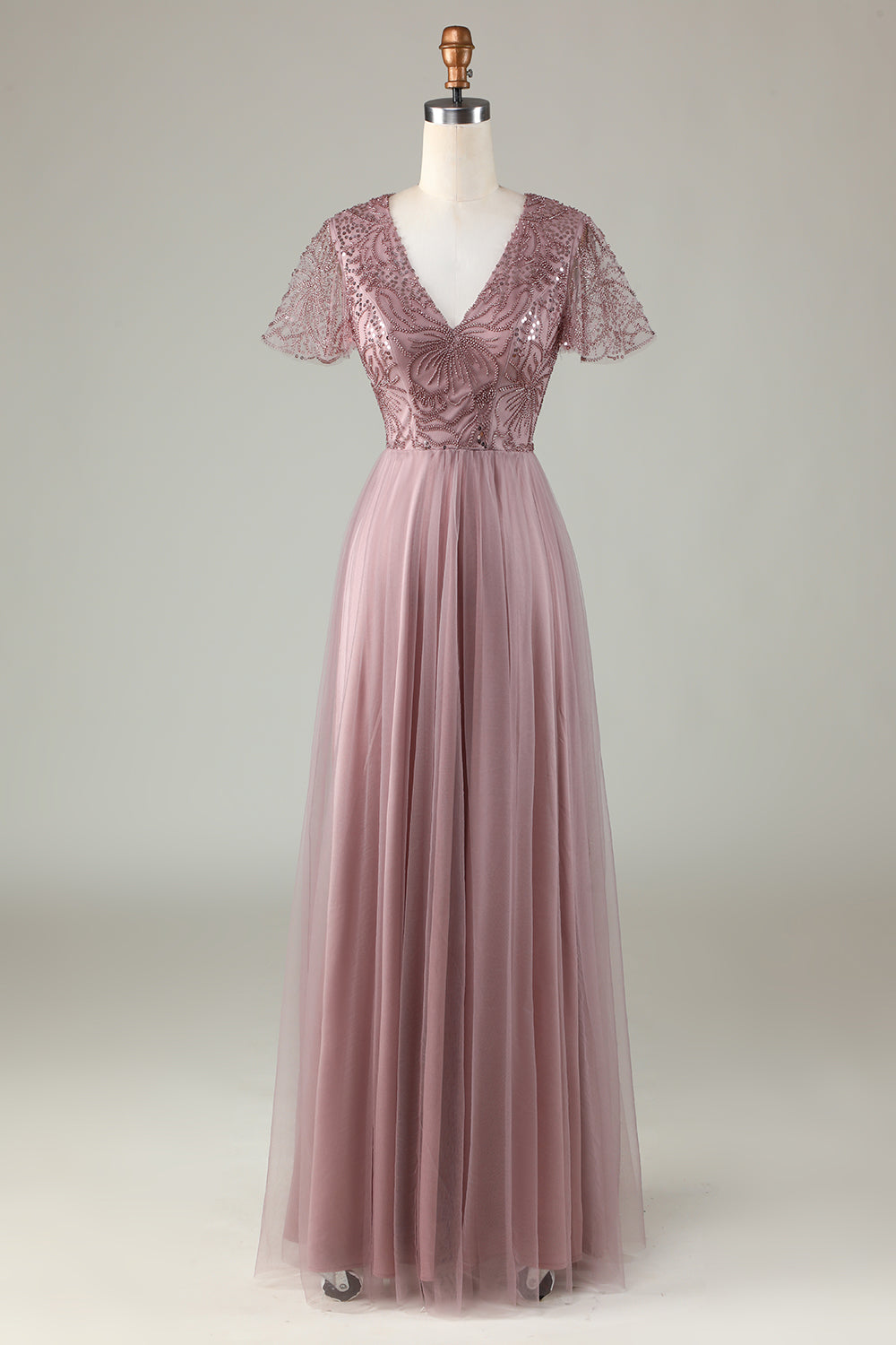 Robe de demoiselle d'honneur trapèze bleu poudré avec perles