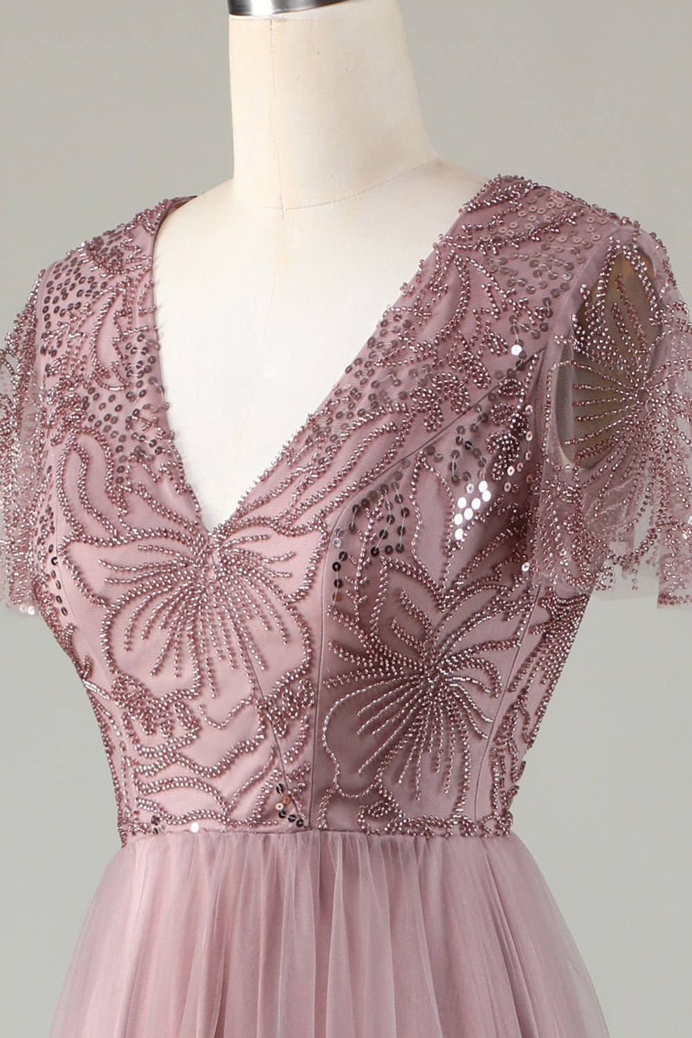 Robe de demoiselle d'honneur trapèze bleu poudré avec perles