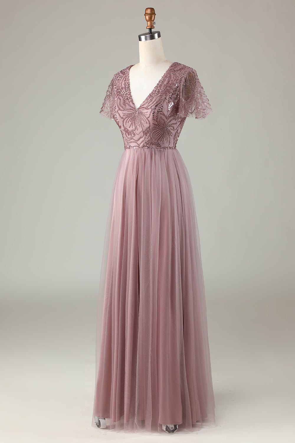 Robe de demoiselle d'honneur trapèze bleu poudré avec perles
