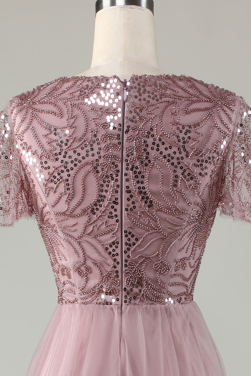 Robe de demoiselle d'honneur trapèze bleu poudré avec perles