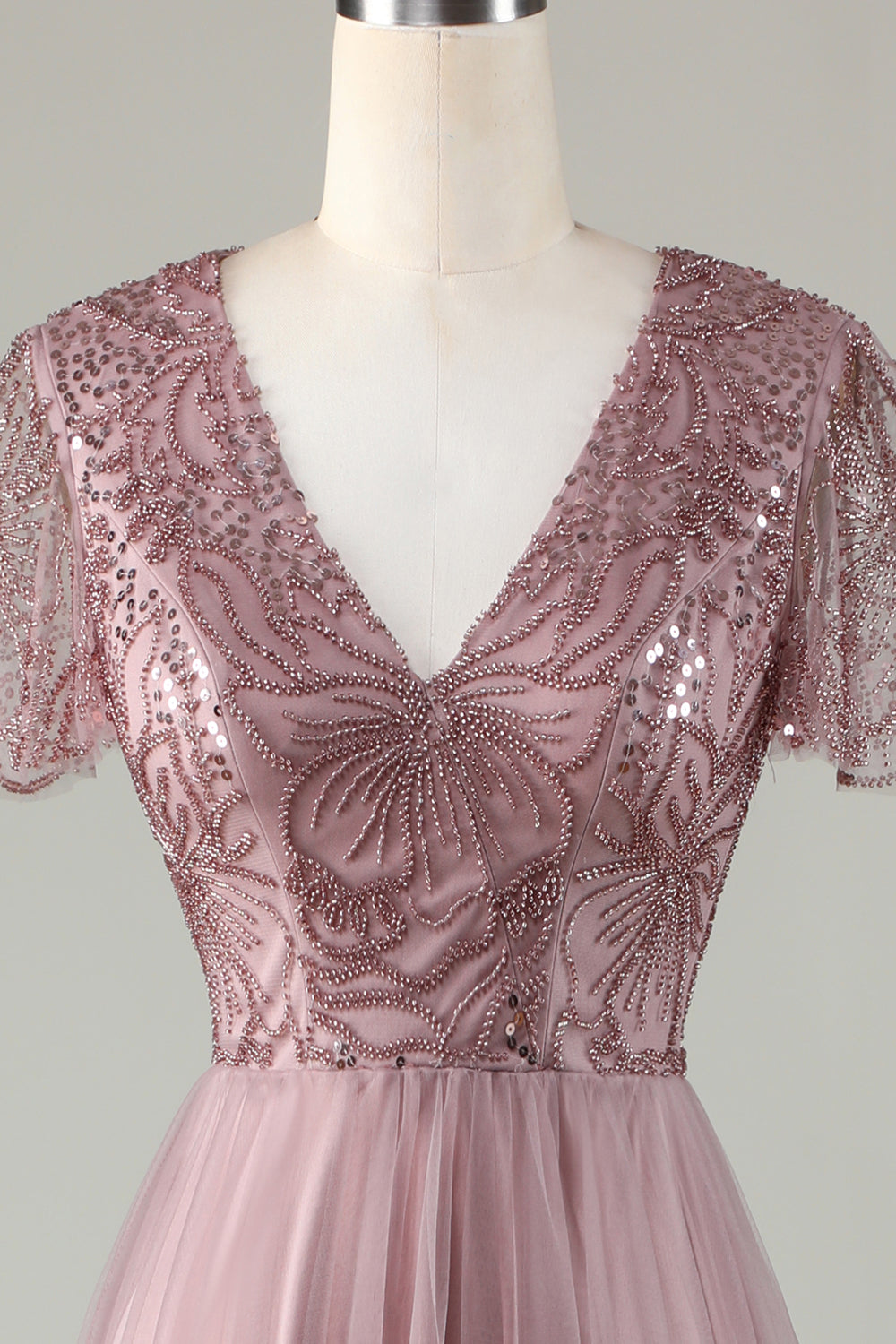 Robe de demoiselle d'honneur trapèze bleu poudré avec perles