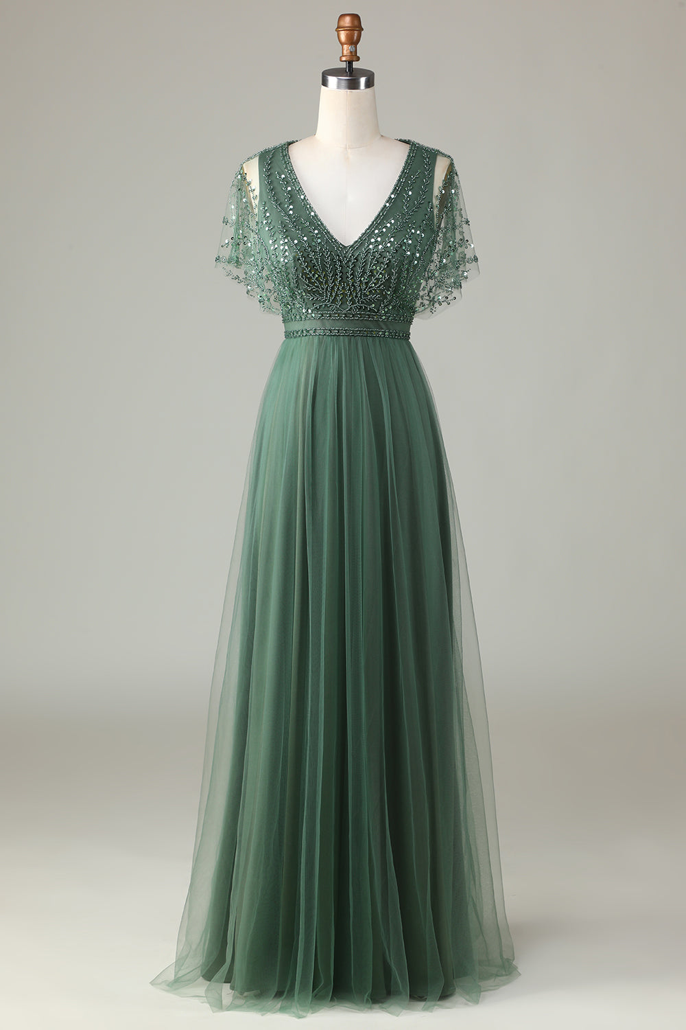 Green Beaded A-Line Tulle V-Neck Long Choir Dress