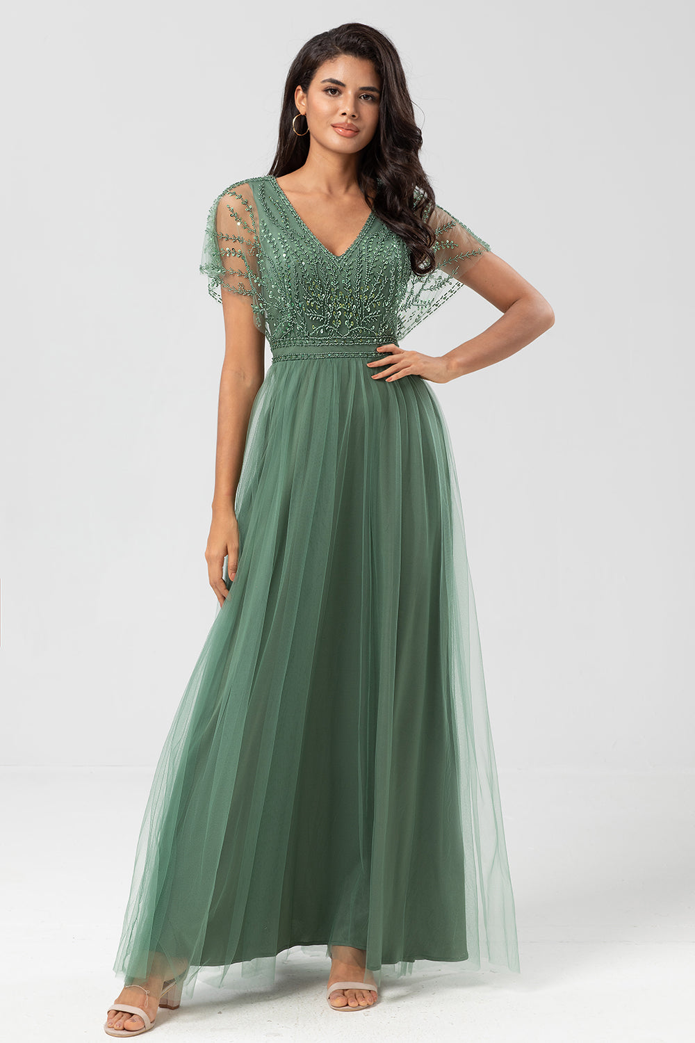 Green Beaded A-Line Tulle V-Neck Long Choir Dress