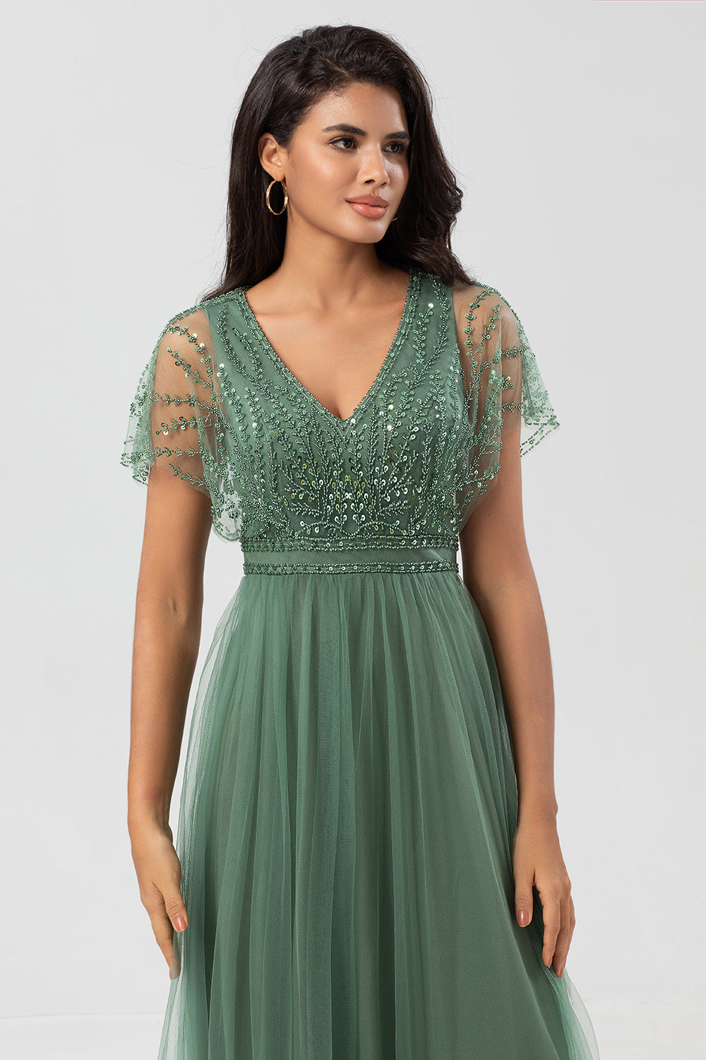 Green Beaded A-Line Tulle V-Neck Long Choir Dress