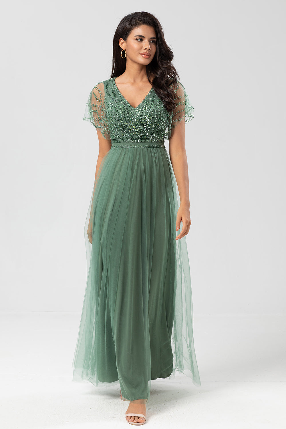 Green Beaded A-Line Tulle V-Neck Long Choir Dress