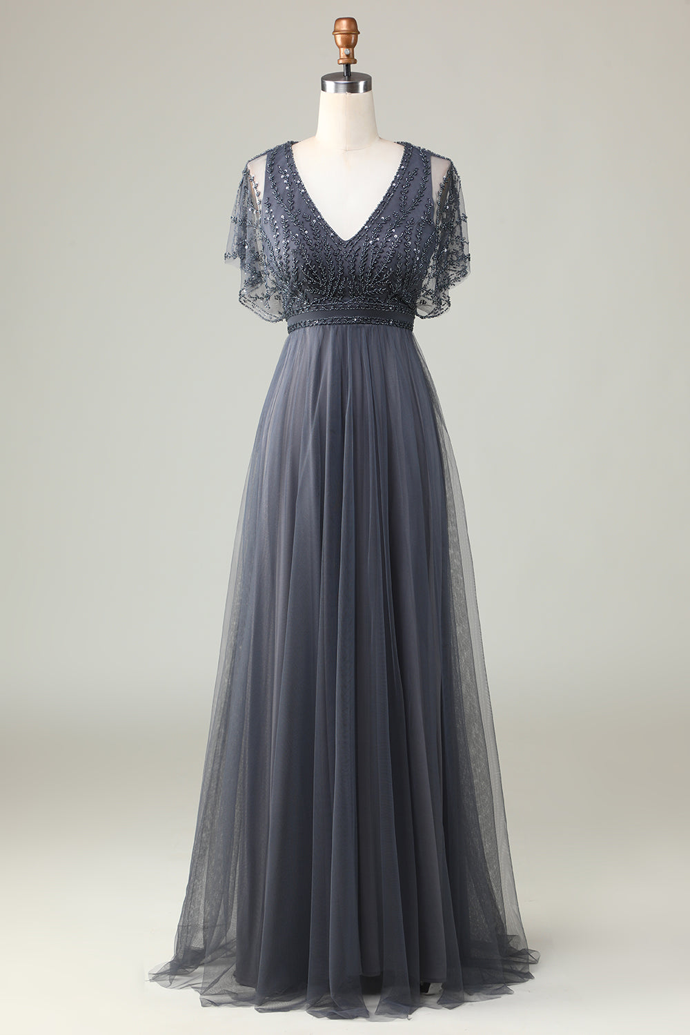 Green Beaded A-Line Tulle V-Neck Long Choir Dress