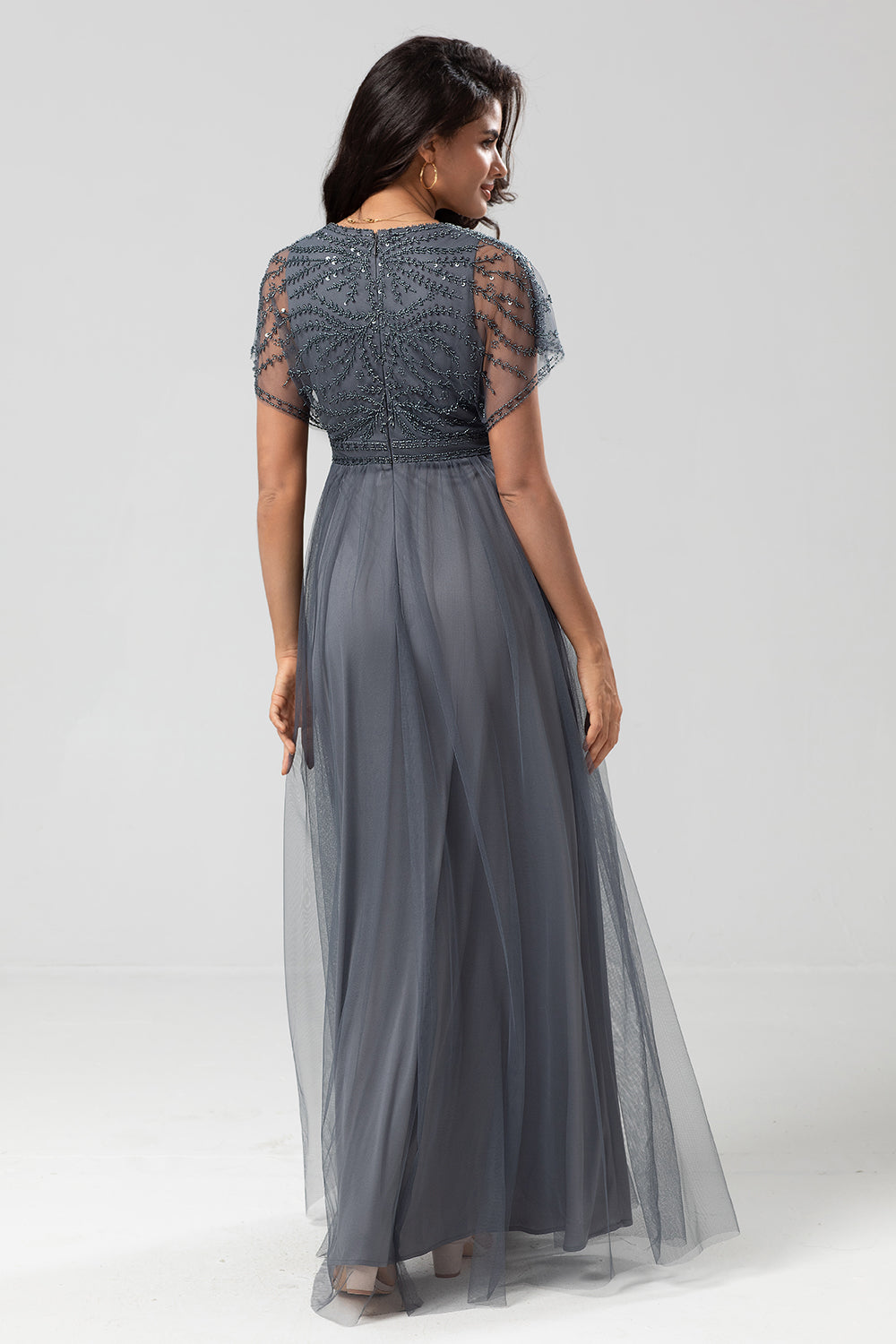 Green Beaded A-Line Tulle V-Neck Long Choir Dress