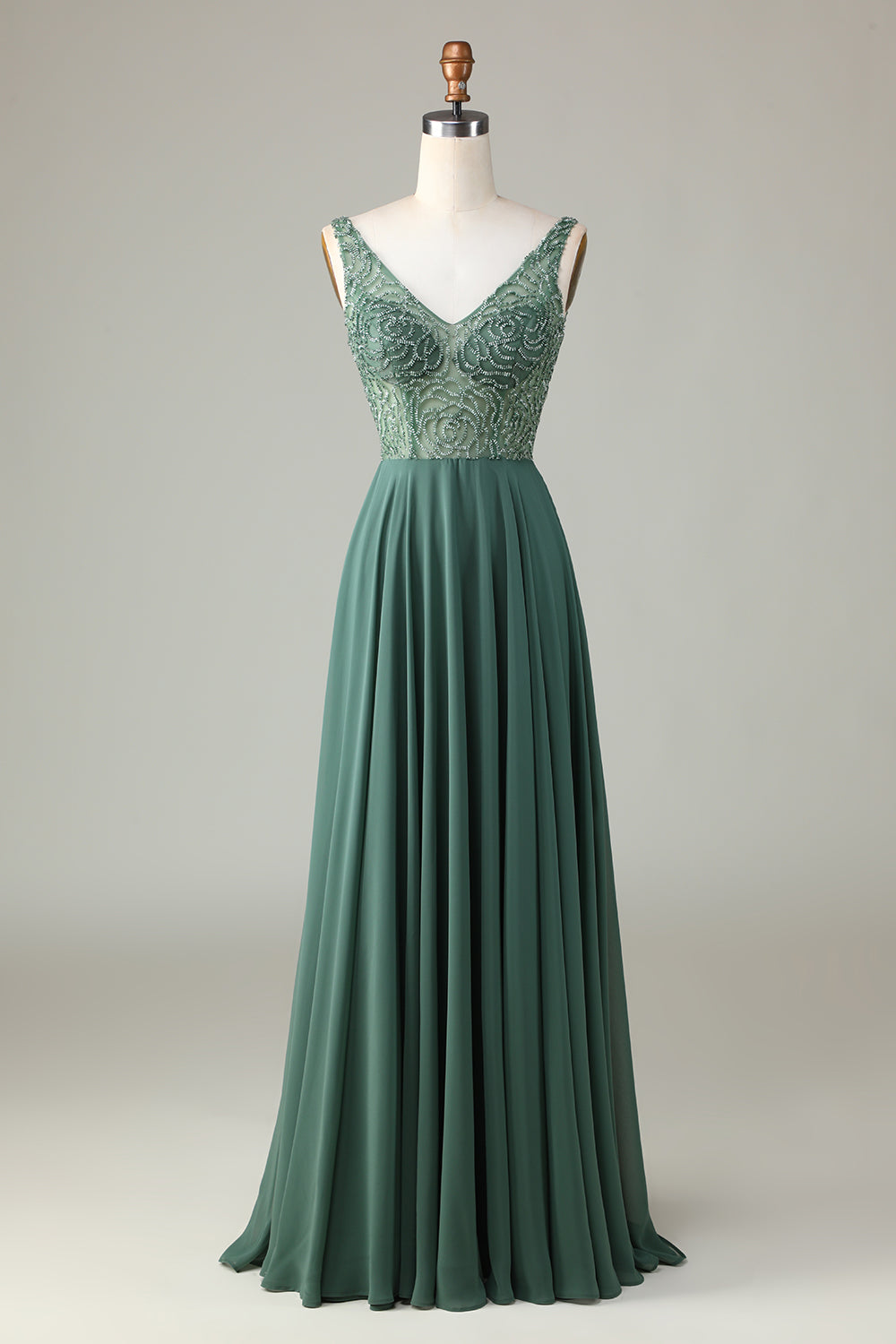 Robe longue de demoiselle d'honneur trapèze perlée couleur eucalyptus