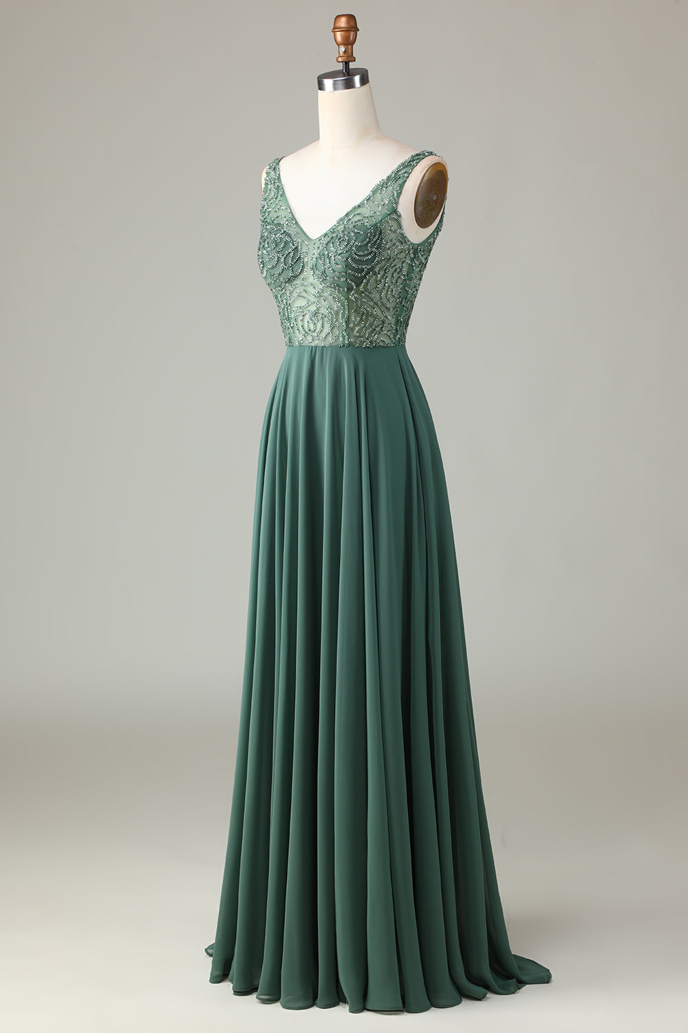 Robe longue de demoiselle d'honneur trapèze perlée couleur eucalyptus