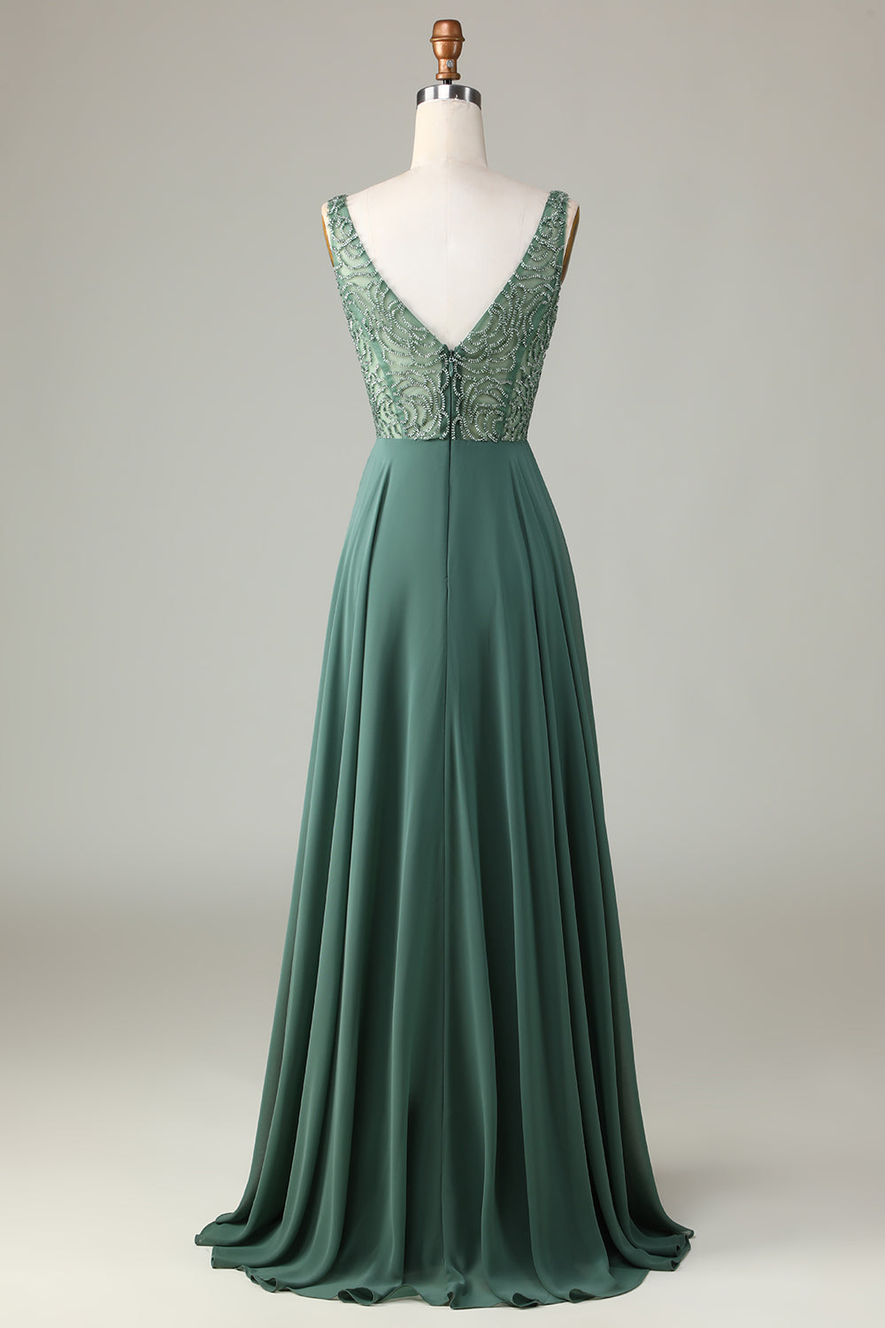 Robe longue de demoiselle d'honneur trapèze perlée couleur eucalyptus