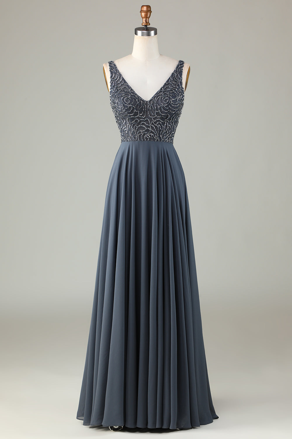 Robe longue de demoiselle d'honneur trapèze perlée couleur eucalyptus