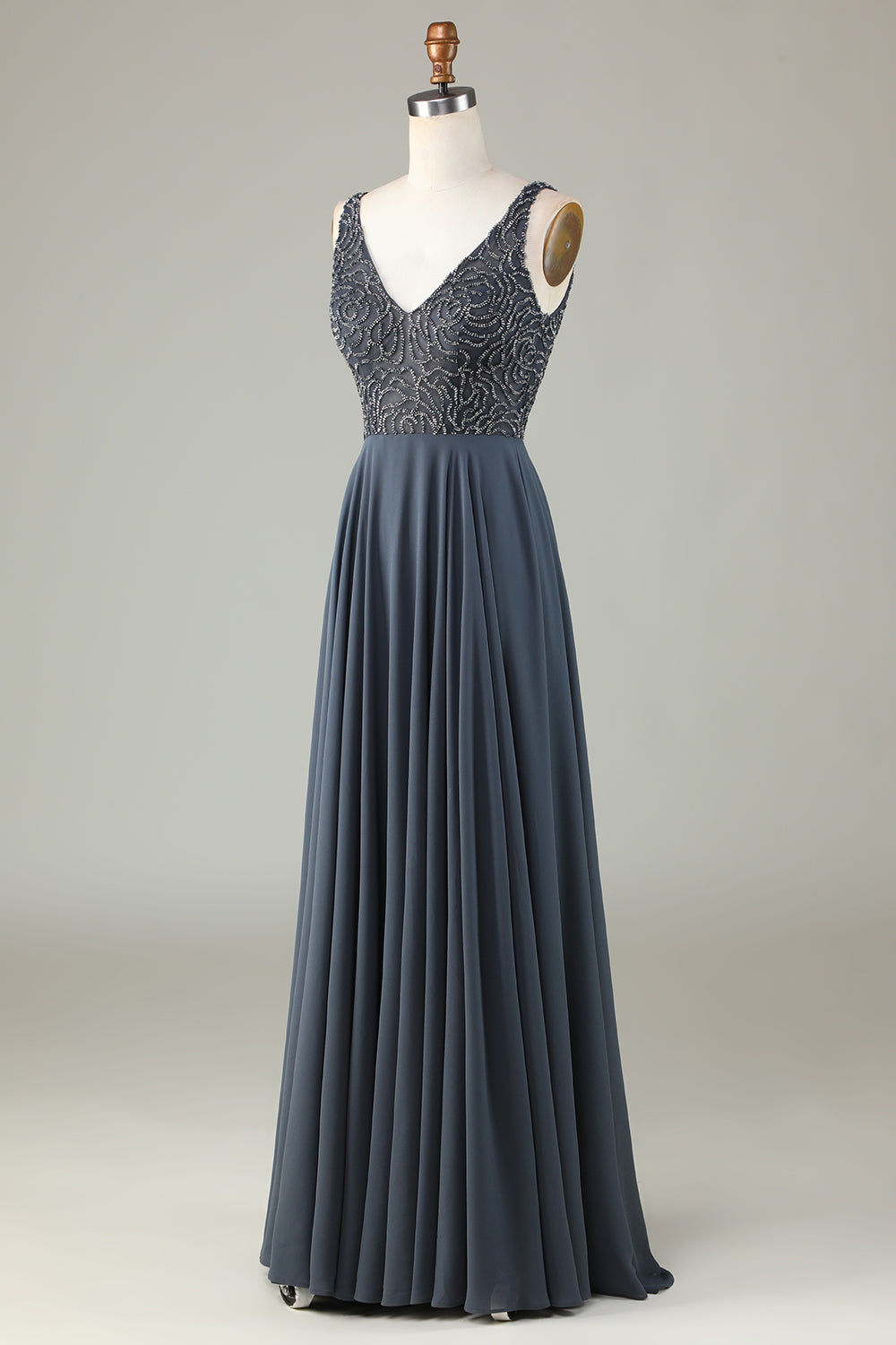 Robe longue de demoiselle d'honneur trapèze perlée couleur eucalyptus