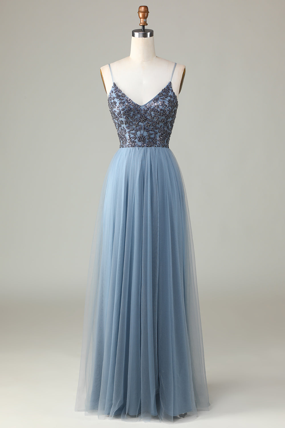Robe de demoiselle d'honneur bleu poussière à fines bretelles perlées