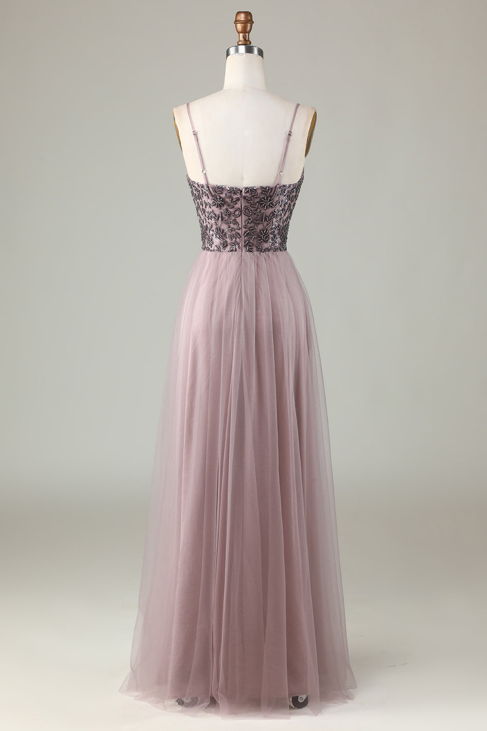 Robe de demoiselle d'honneur bleu poussière à fines bretelles perlées