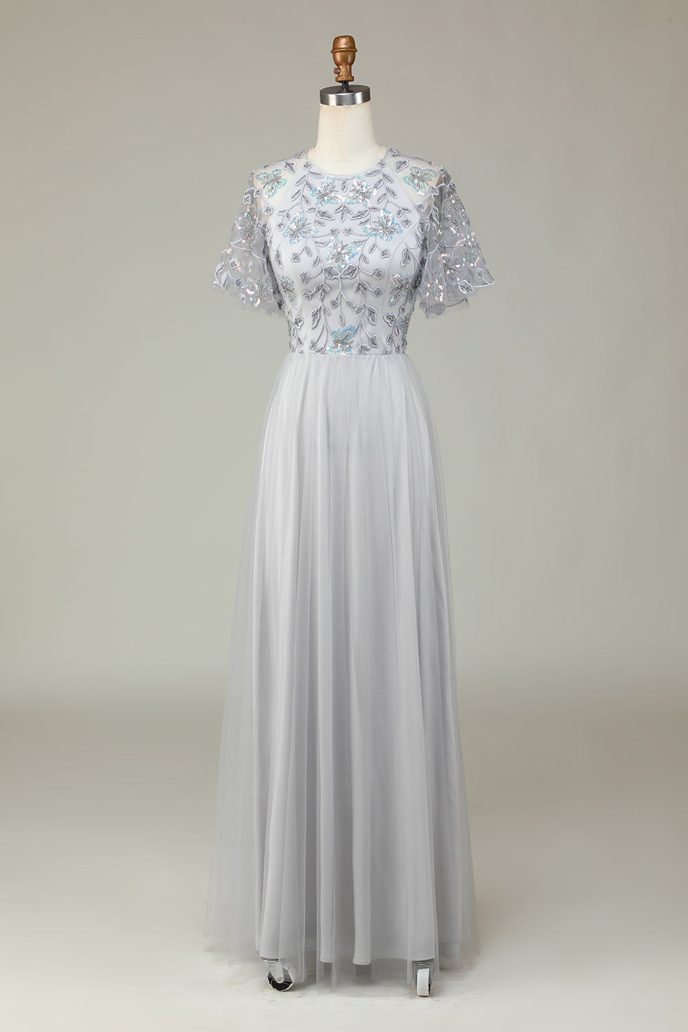 Robe de Demoiselle d'Honneur Longue Grise en Tulle Coupe A avec Perles et Appliques