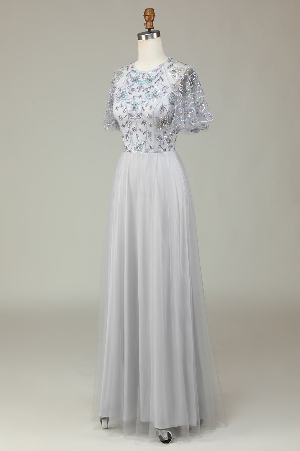 Robe de Demoiselle d'Honneur Longue Grise en Tulle Coupe A avec Perles et Appliques