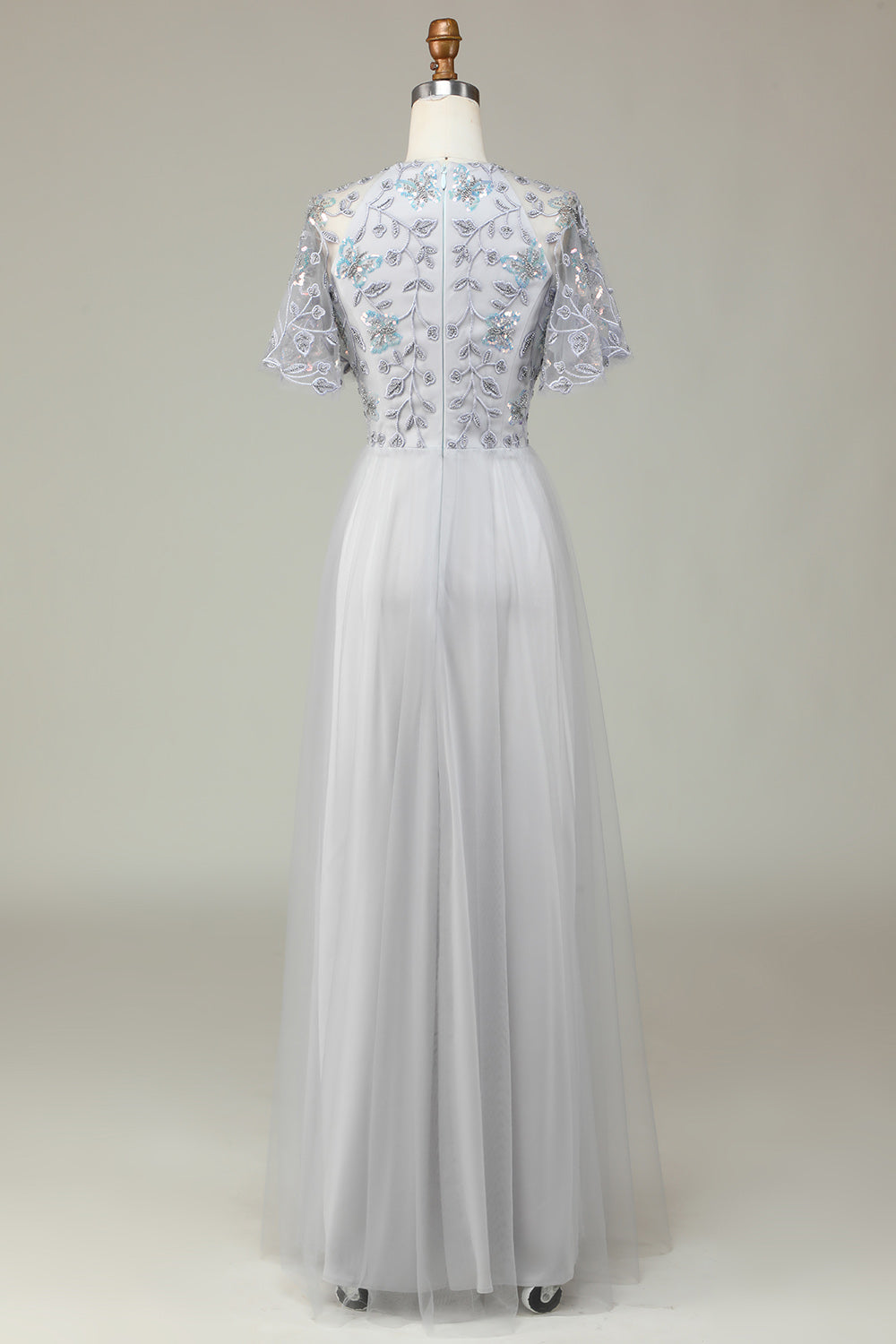 Robe de Demoiselle d'Honneur Longue Grise en Tulle Coupe A avec Perles et Appliques