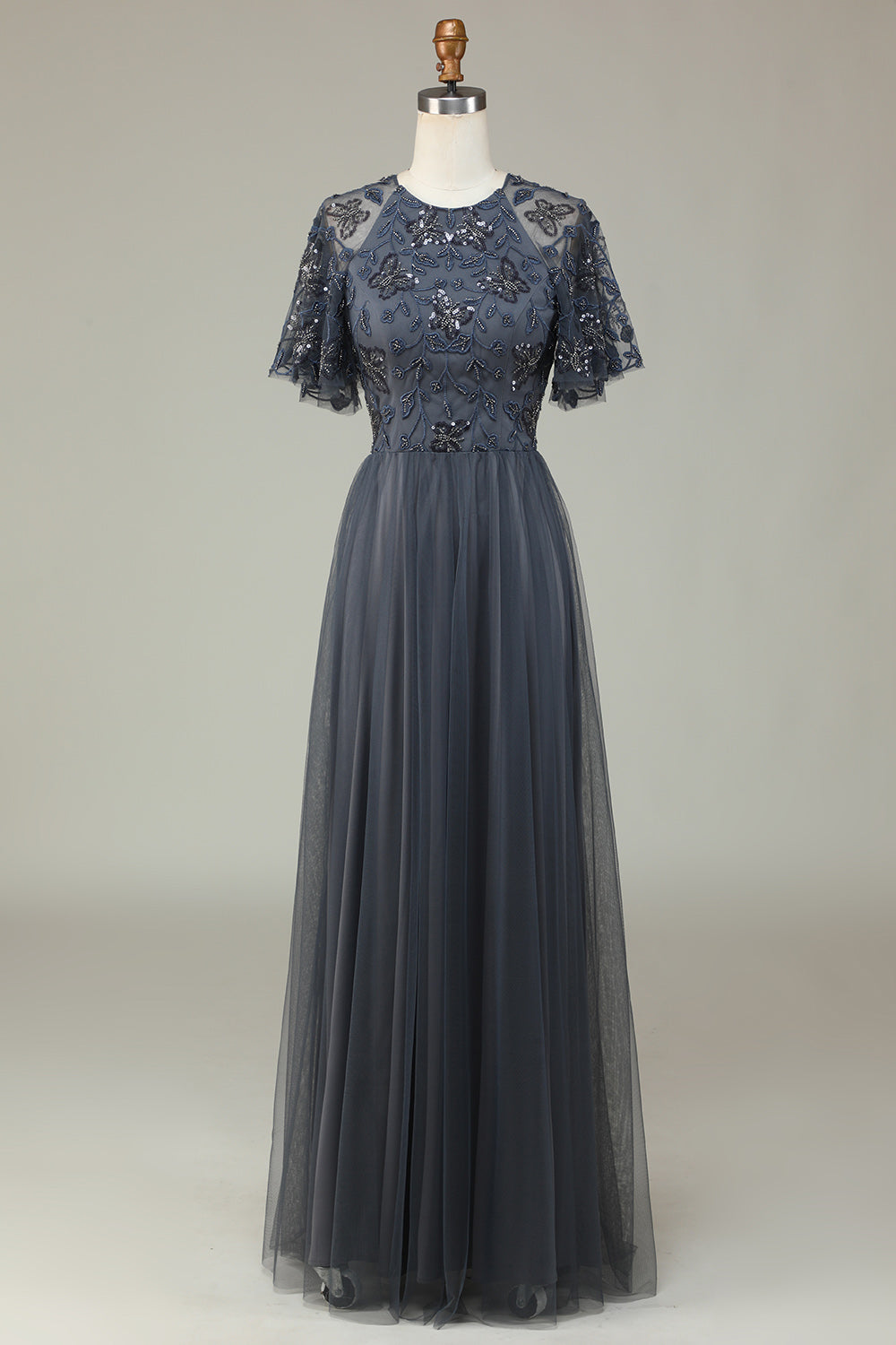 Robe de Demoiselle d'Honneur Longue Grise en Tulle Coupe A avec Perles et Appliques