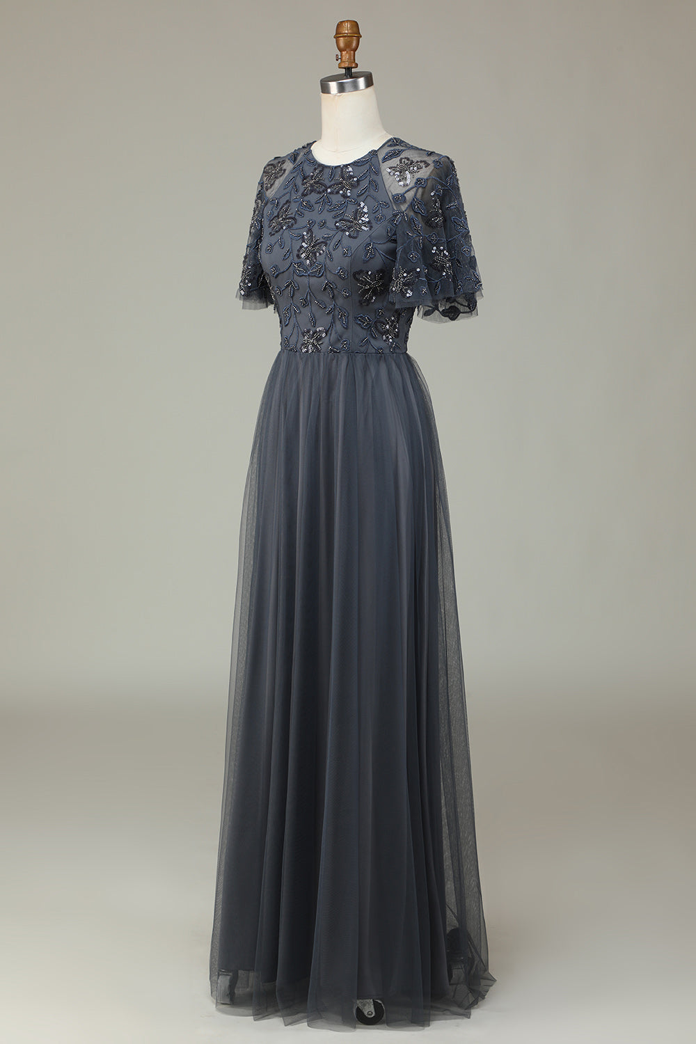 Robe de Demoiselle d'Honneur Longue Grise en Tulle Coupe A avec Perles et Appliques