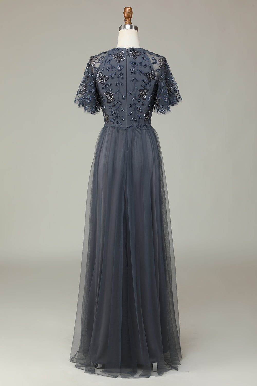Robe de Demoiselle d'Honneur Longue Grise en Tulle Coupe A avec Perles et Appliques