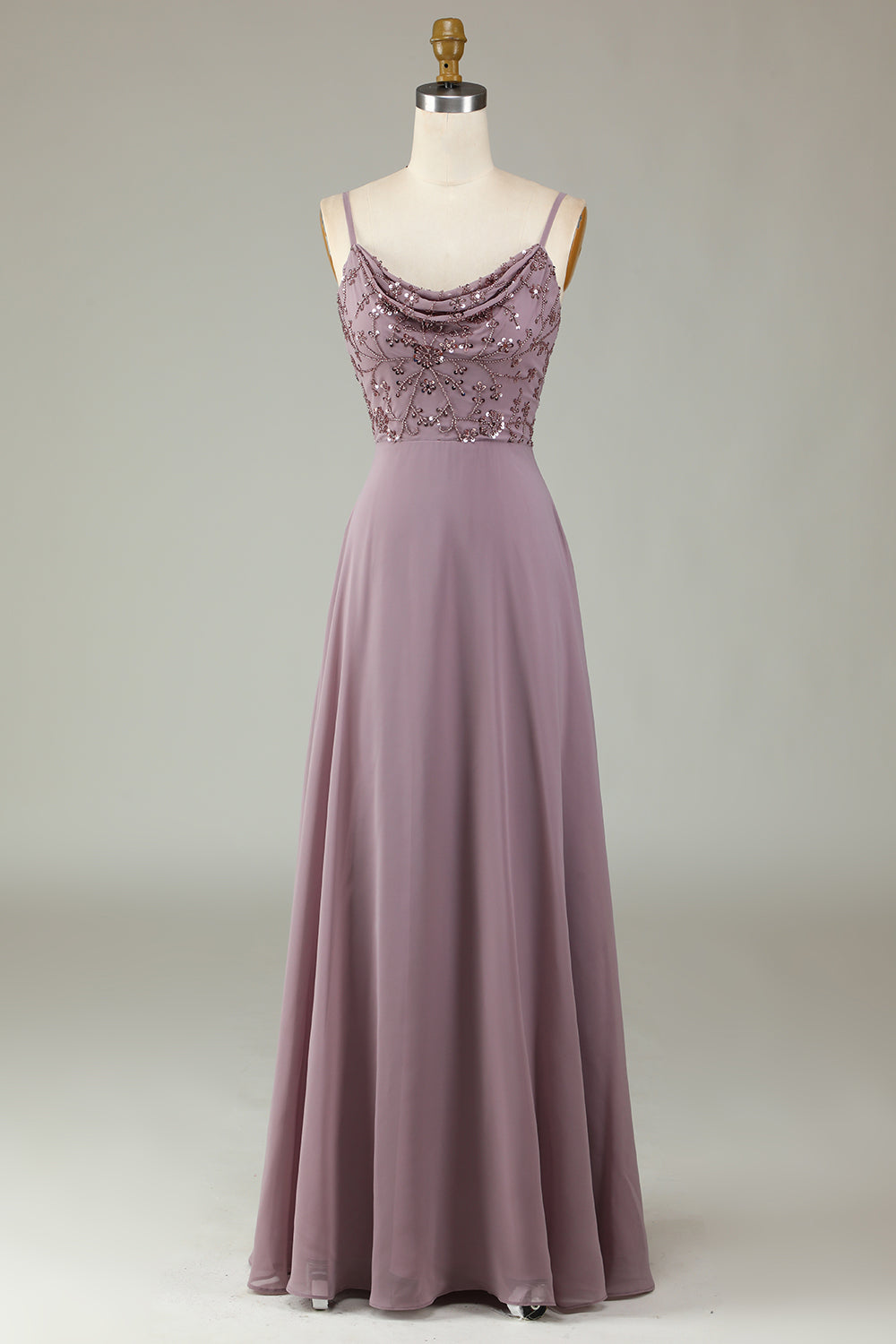 Robe de demoiselle d'honneur rose poussiéreux, bretelles spaghetti, perles