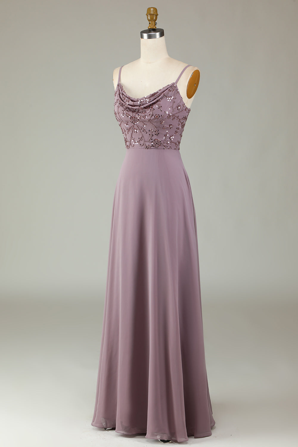 Robe de demoiselle d'honneur rose poussiéreux, bretelles spaghetti, perles