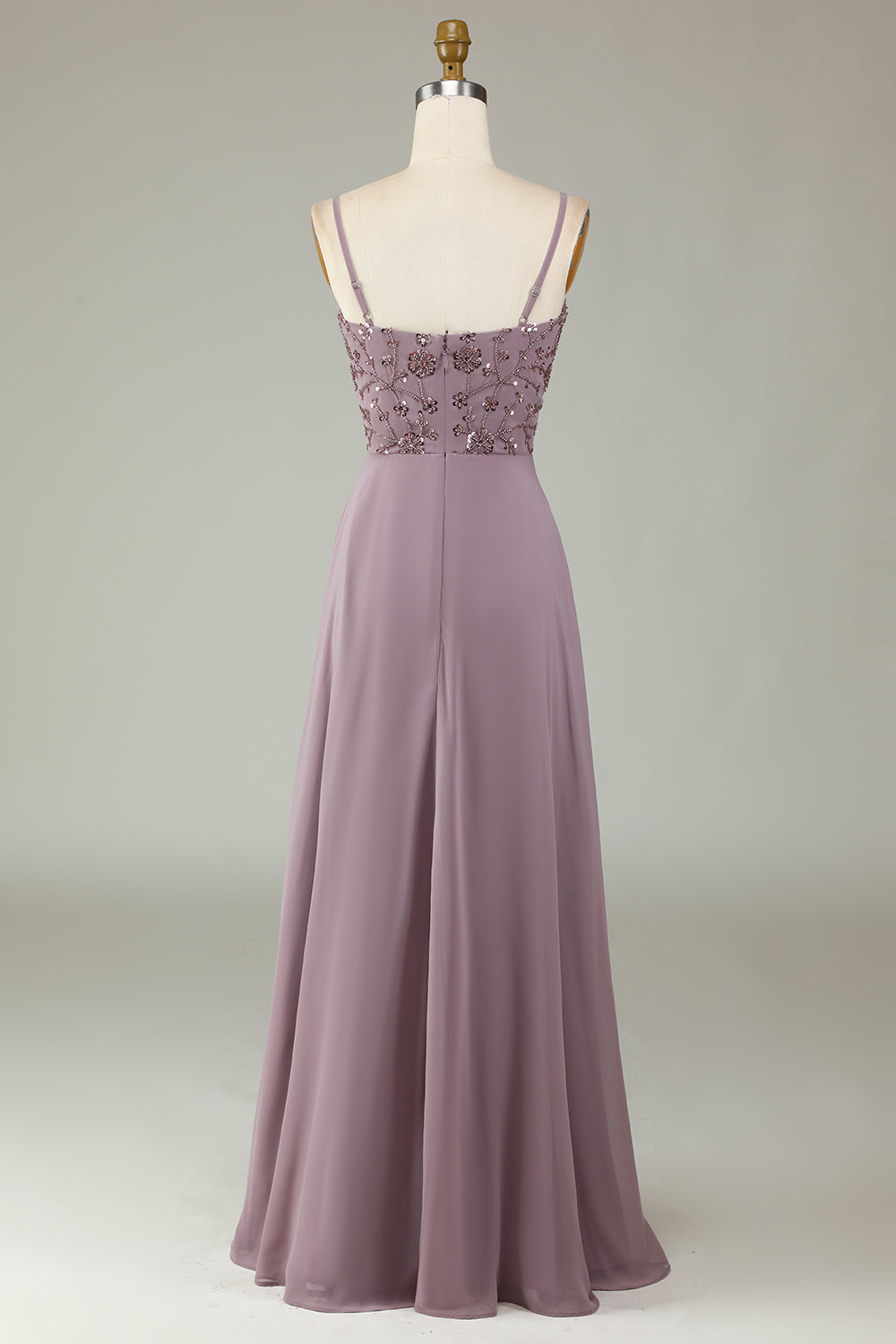 Robe de demoiselle d'honneur rose poussiéreux, bretelles spaghetti, perles