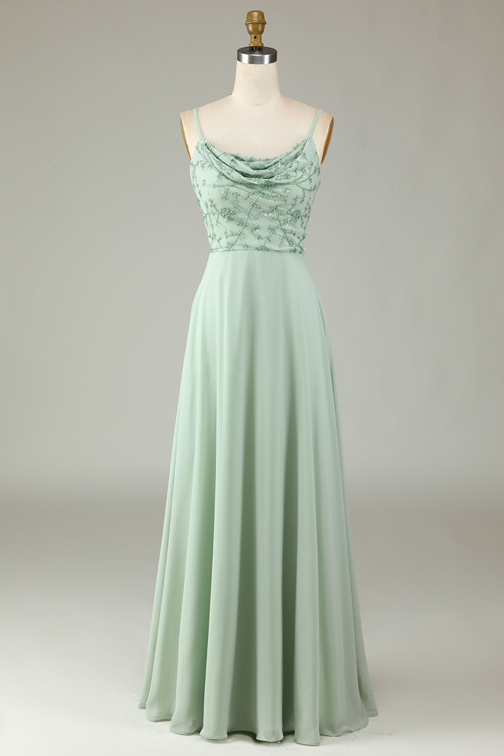 Robe de demoiselle d'honneur rose poussiéreux, bretelles spaghetti, perles