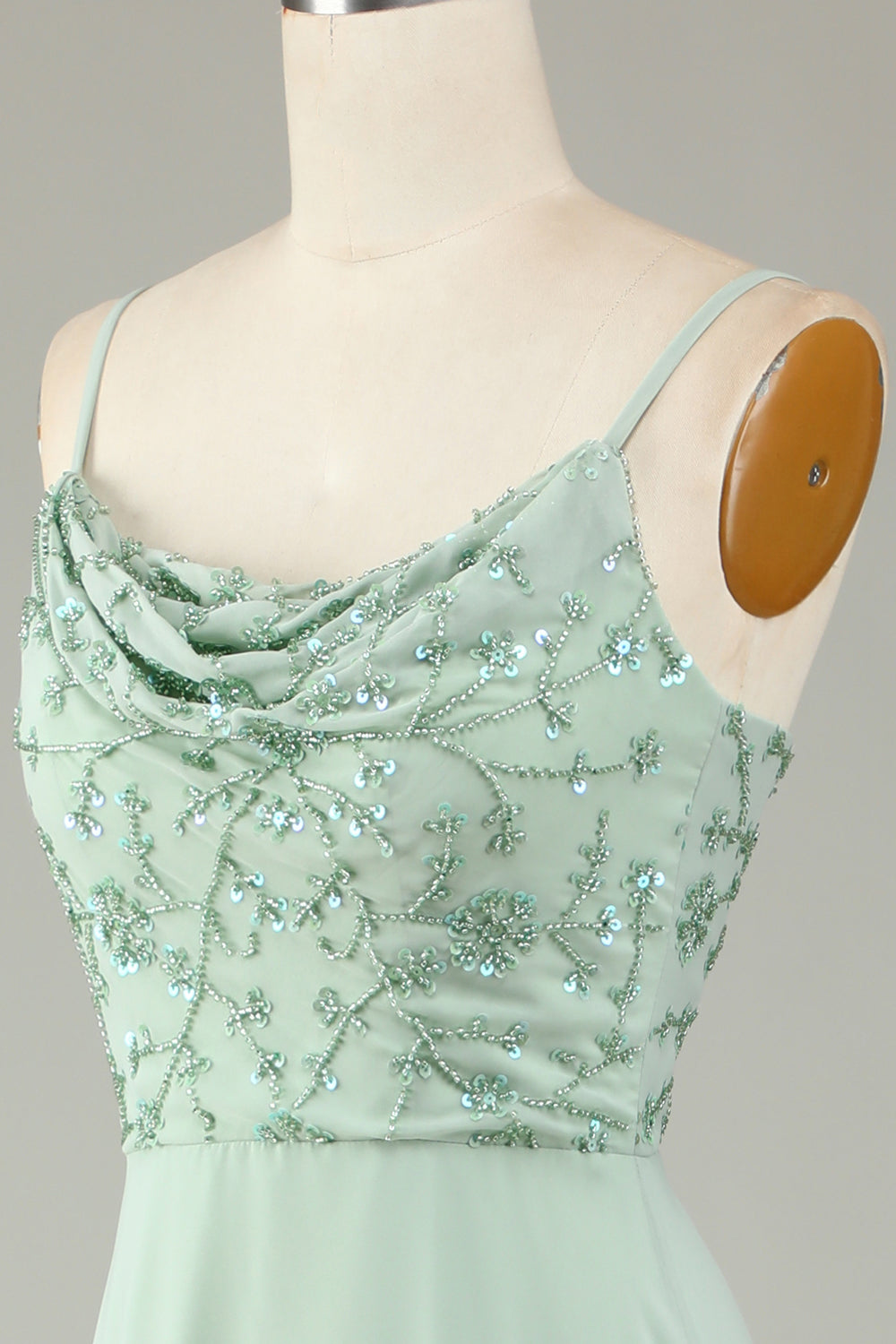 Robe de demoiselle d'honneur rose poussiéreux, bretelles spaghetti, perles
