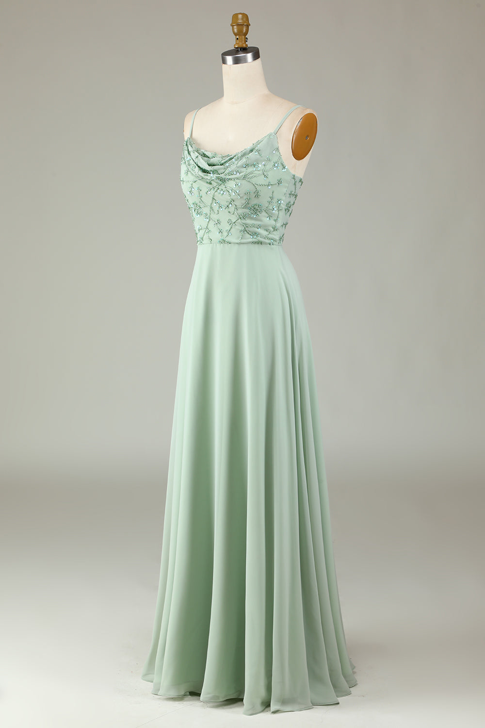Robe de demoiselle d'honneur rose poussiéreux, bretelles spaghetti, perles