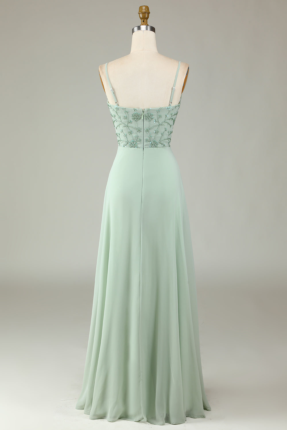 Robe de demoiselle d'honneur rose poussiéreux, bretelles spaghetti, perles