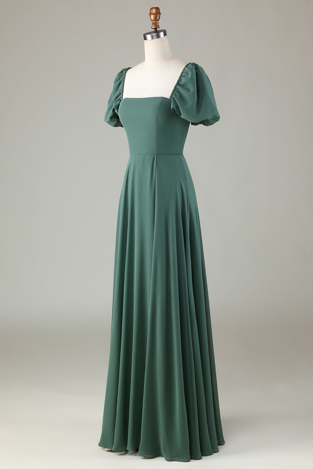 Robe de demoiselle d'honneur en mousseline à manches bouffantes et eucalyptus