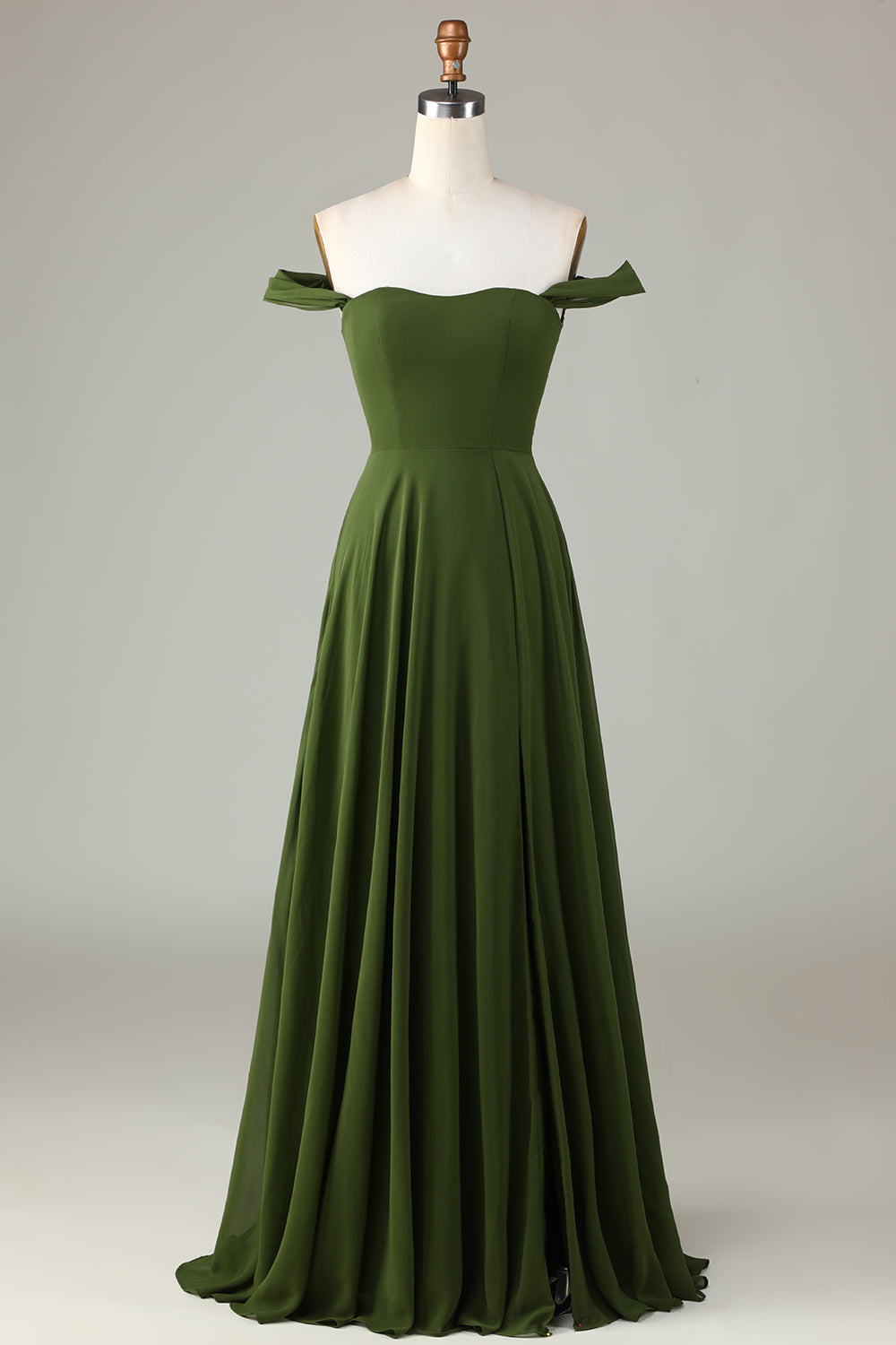 Robe de demoiselle d'honneur trapèze vert olive à épaules dénudées et fente