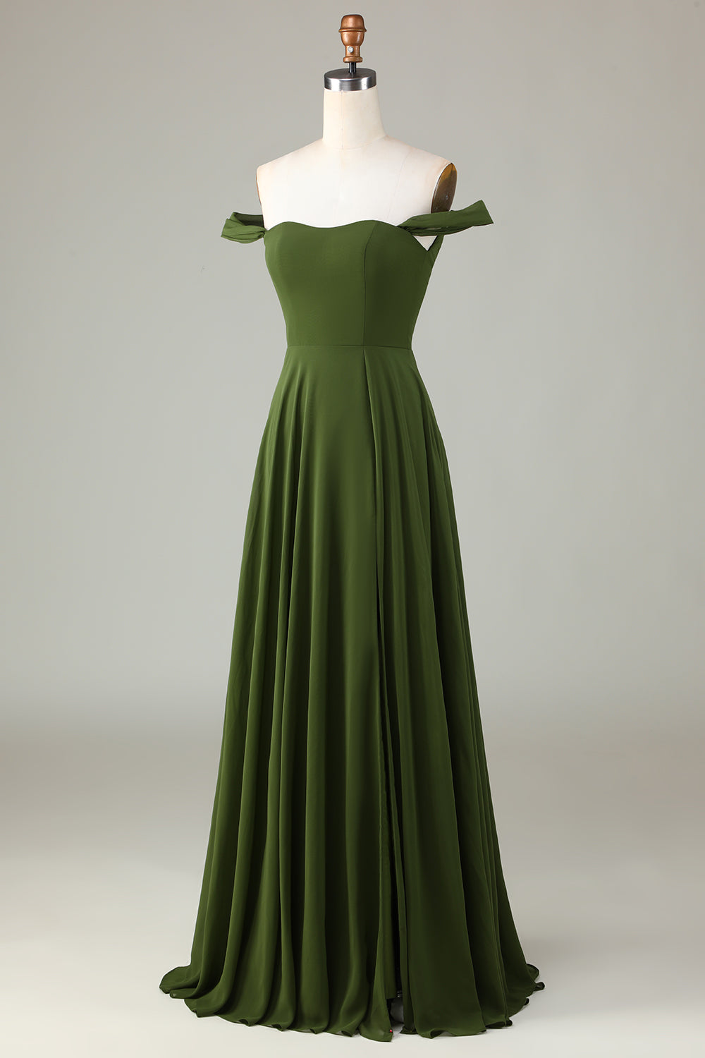 Robe de demoiselle d'honneur trapèze vert olive à épaules dénudées et fente