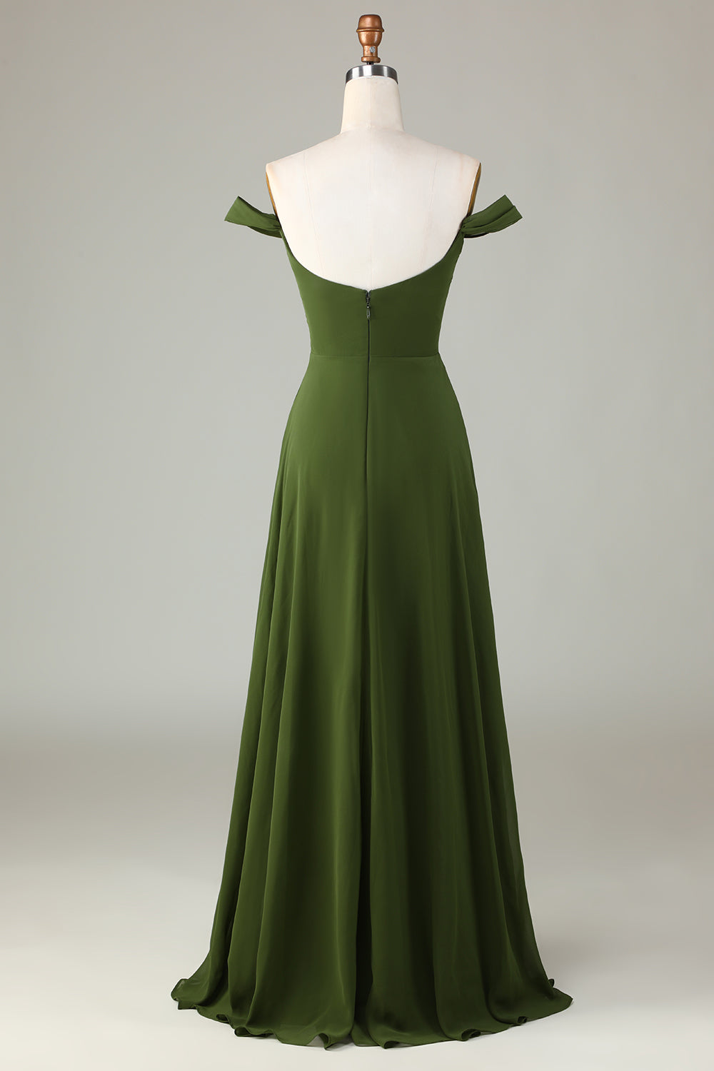 Robe de demoiselle d'honneur trapèze vert olive à épaules dénudées et fente