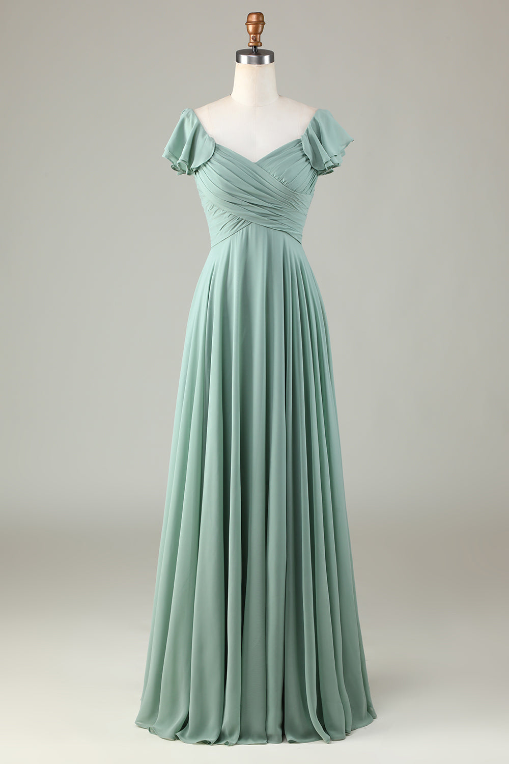 Robe de demoiselle d'honneur matcha à lacets au dos avec volants