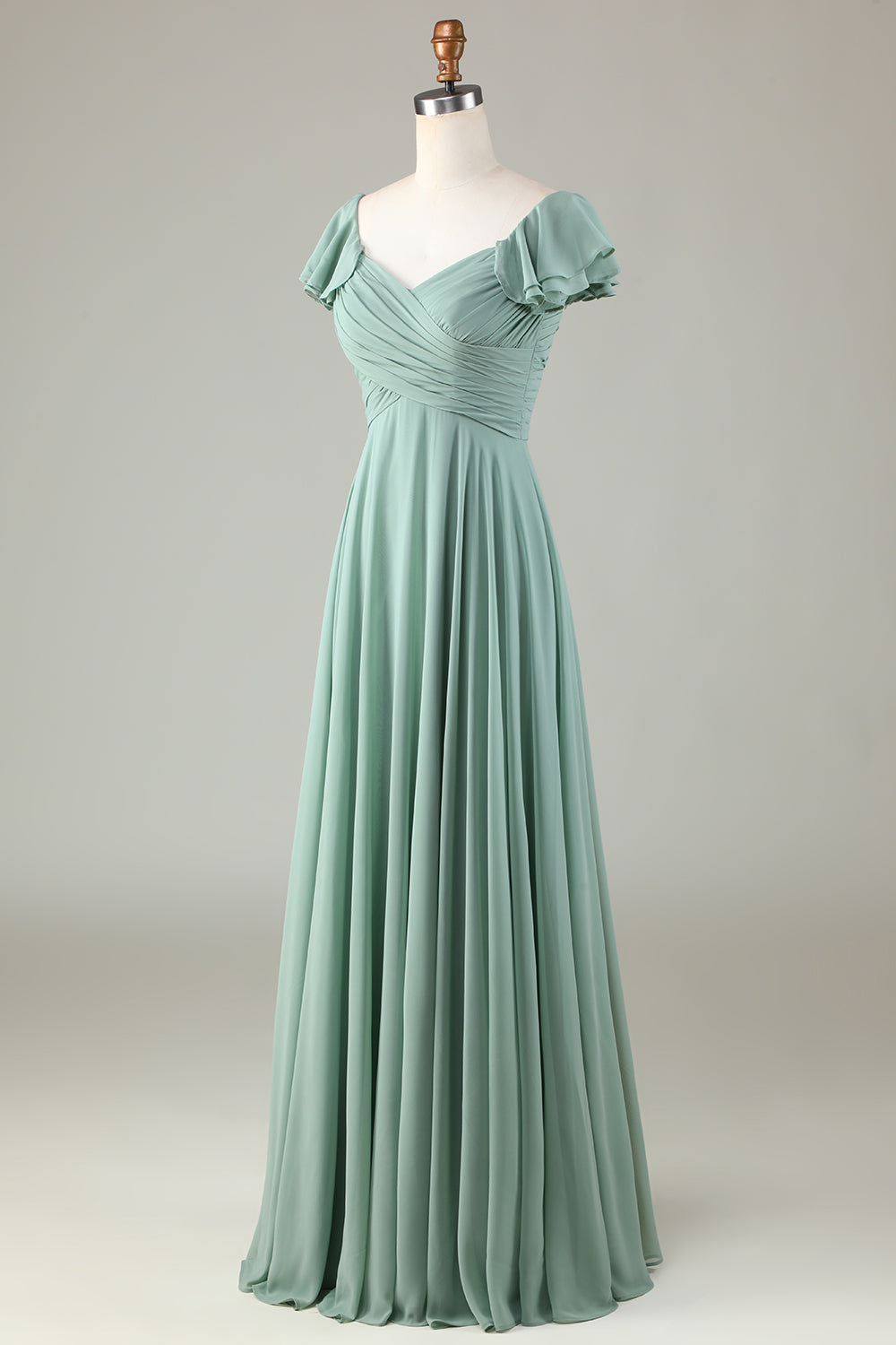 Robe de demoiselle d'honneur matcha à lacets au dos avec volants
