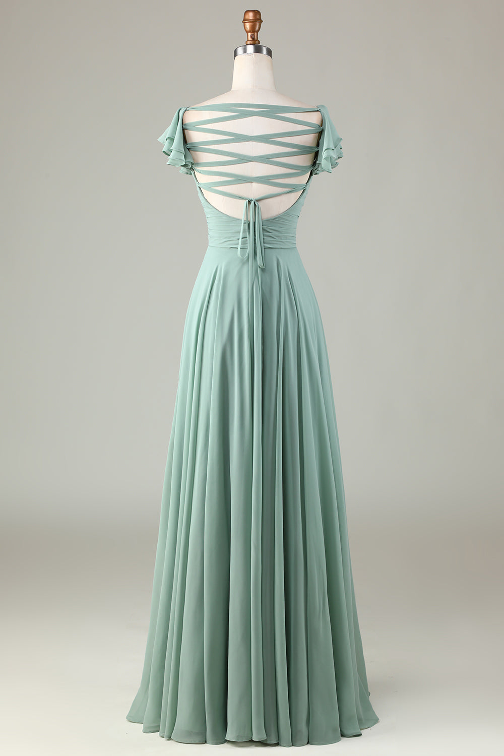 Robe de demoiselle d'honneur matcha à lacets au dos avec volants