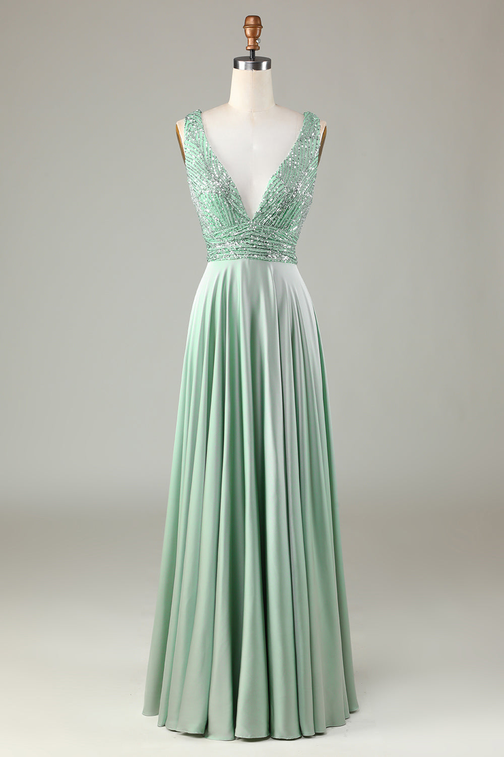 Robe de demoiselle d'honneur à sequins col V scintillante couleur matcha